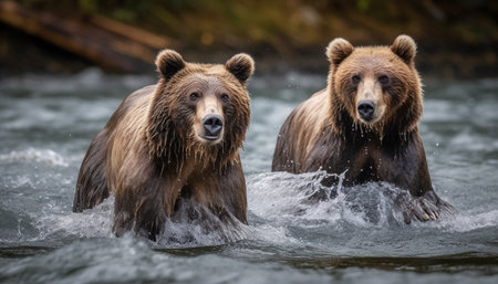 Playful bear splashing in water, pawed mammal enjoying summer day generated by artificial intelligenceの素材