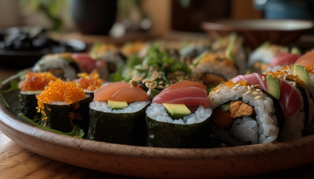 Healthy eating with fresh seafood and Japanese culture on plate generated by artificial intelligenceの素材