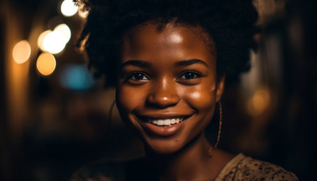 Smiling young African woman looking at camera with confidence and happiness generated by artificial intelligenceの素材