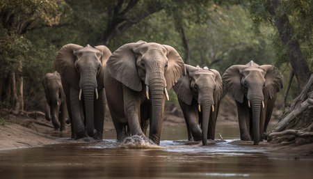 Large African elephant herd in motion through tropical wilderness area generated by artificial intelligenceの素材