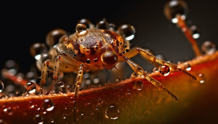 Spooky arachnid leg on wet leaf, magnified in focus generated by artificial intelligenceの素材