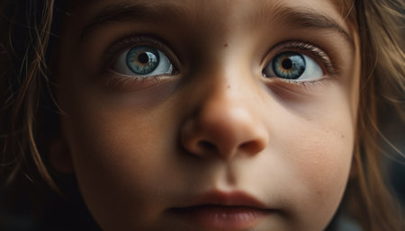 Cute toddler staring outdoors, innocence in curious brown eyes generated by artificial intelligenceの素材