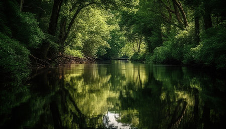 Tranquil scene of a forest pond reflecting the autumn foliage generated by artificial intelligenceの素材