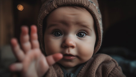 Cute baby boy smiling outdoors in warm knit hat generated by artificial intelligenceの素材