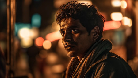 Smiling young man illuminated by street light in city nightlife generated by artificial intelligenceの素材