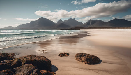 Tranquil scene of natural beauty mountain range meets sandy coastline generated by artificial intelligenceの素材