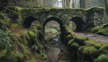 Ancient bridge arches over flowing water in Asturias landscape generated by artificial intelligenceの素材