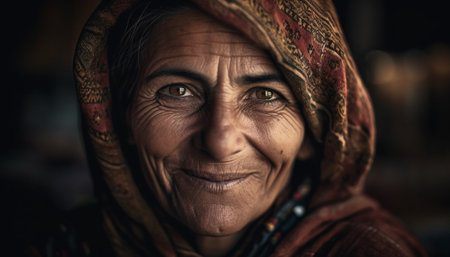 Smiling senior woman in traditional clothing, looking at camera outdoors generated by artificial intelligenceの素材