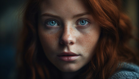 One young adult woman, with brown hair, looking at camera generated by artificial intelligenceの素材