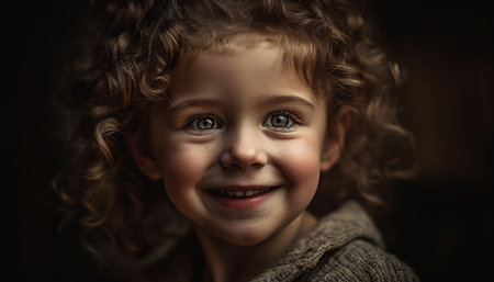 Cute, cheerful child with curly hair smiling for portrait indoors generated by artificial intelligenceの素材
