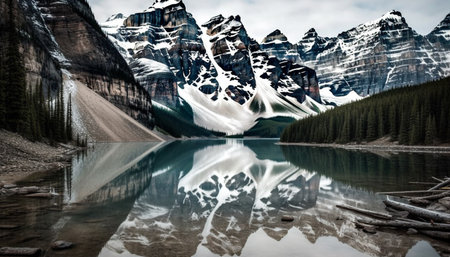 Tranquil scene of majestic Rocky Mountains reflected in Moraine Lake generated by artificial intelligenceの素材