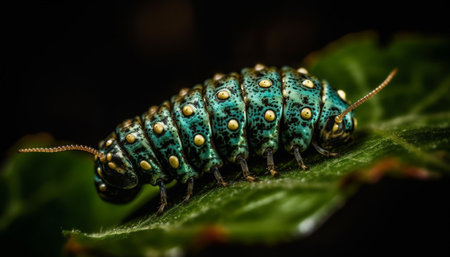 Striped caterpillar crawls on wet green leaf in springtime forest generated by artificial intelligenceの素材