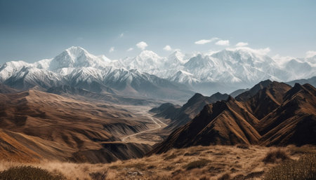 Panoramic mountain range showcases beauty in nature during extreme terrain adventure generated by artificial intelligenceの素材
