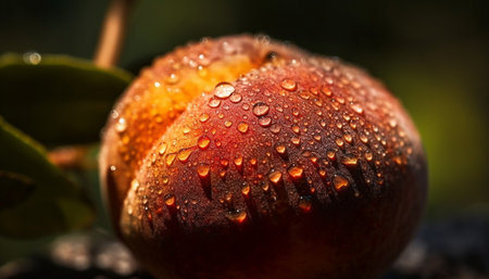 Ripe citrus fruit on wet leaf, reflecting sunlight in close up generated by artificial intelligenceの素材