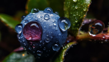 Fresh green leaf with dew drop, wet with summer rain generated by artificial intelligenceの素材