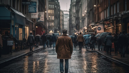 City life at night Walking in the rain on wet streets generated by artificial intelligenceの素材