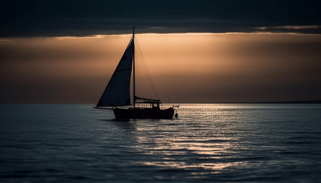 Sailing yacht glides on tranquil waves at sunset, pure relaxation generated by artificial intelligenceの素材