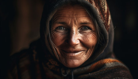 Smiling senior woman in traditional clothing looking at camera outdoors generated by artificial intelligenceの素材