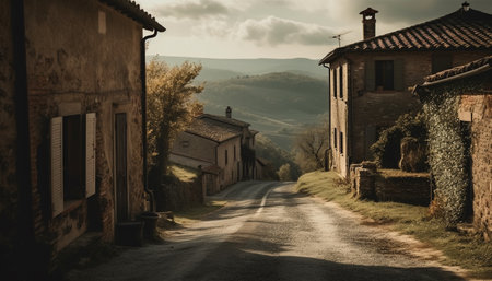 Medieval ruin in tranquil Asturias, a vanishing point of history generated by artificial intelligenceの素材