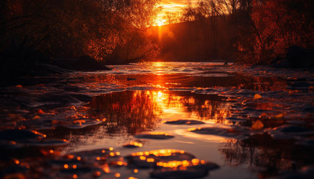 Tranquil sunset reflects vibrant sky, nature beauty in silhouette generated by artificial intelligenceの素材