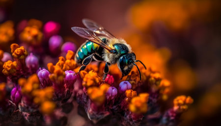 Busy honey bee picking up pollen from single flower in spring time generated by artificial intelligenceの素材