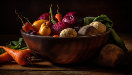 Rustic still life Fresh organic vegetables in a wooden bowl generated by artificial intelligenceの素材