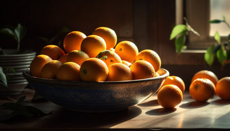 Juicy citrus fruits on rustic wooden table, perfect summer refreshment generated by artificial intelligenceの素材