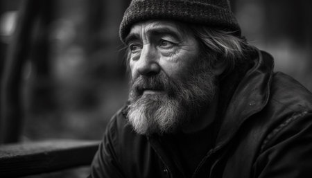 Gray haired senior man looking serious in autumn forest portrait generated by artificial intelligenceの素材