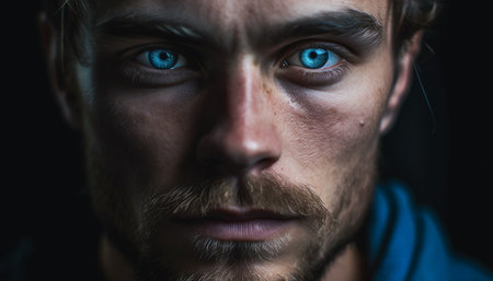 Serious man with beard staring at camera, exuding confidence and sadness generated by artificial intelligenceの素材