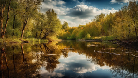 Tranquil scene of autumn forest reflects natural beauty in wilderness generated by artificial intelligenceの素材