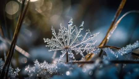 Wet dew drops on fresh green leaves in winter season generated by artificial intelligenceの素材