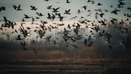 Silhouette of large group of animals flying in autumn sunset generated by artificial intelligenceの素材