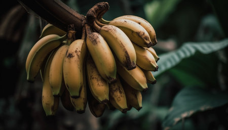 Ripe banana bunch hangs from tropical tree in organic farm generated by artificial intelligenceの素材