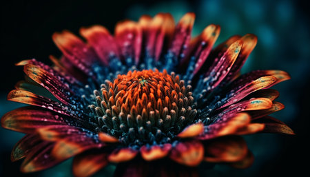Vibrant gerbera daisy, dew drops on petals, beauty in nature generated by artificial intelligenceの素材