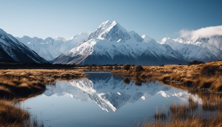 Tranquil scene of majestic mountain range reflected in icy water generated by artificial intelligenceの素材