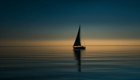 Sailing yacht glides on tranquil waves, silhouetted against sunset generated by artificial intelligenceの素材