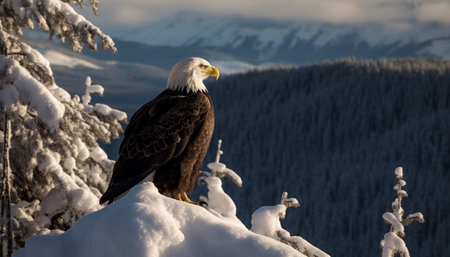 Majestic bald eagle perching on pine tree in tranquil winter landscape generated by artificial intelligenceの素材