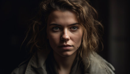 Beautiful young woman with brown hair exudes confidence and elegance generated by artificial intelligenceの素材