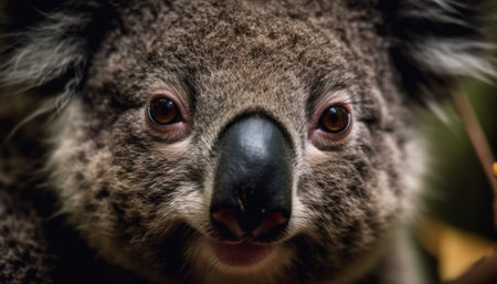 Cute koala staring with focus, fluffy fur and small nose generated by artificial intelligenceの素材