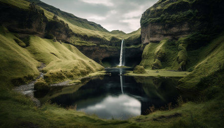 Tranquil scene of majestic mountain range with flowing water and greenery generated by artificial intelligenceの素材