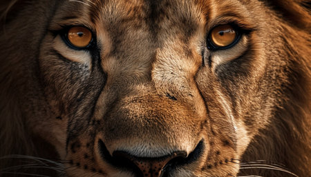 Majestic lion striped mane, canine snout, and piercing eyes generated by artificial intelligenceの素材