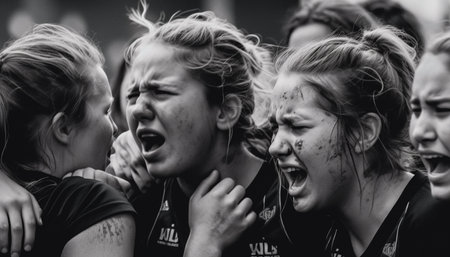 Smiling friends enjoy carefree summer party, screaming with laughter generated by artificial intelligenceの素材