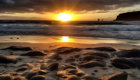 Sunset over tranquil waters, a reflection of natural beauty generated by artificial intelligenceの素材