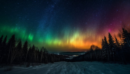 Vibrant star field illuminates majestic mountain range in winter landscape generated by artificial intelligenceの素材