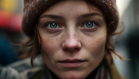 Smiling Caucasian girl in knit hat looking at camera outdoors generated by artificial intelligenceの素材