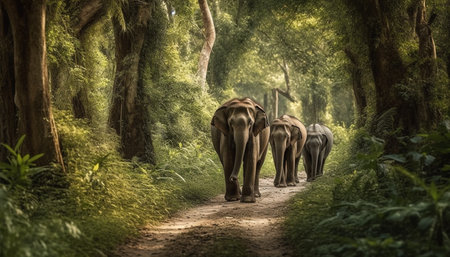 Tranquil scene of animals grazing in lush green wilderness meadow generated by artificial intelligenceの素材