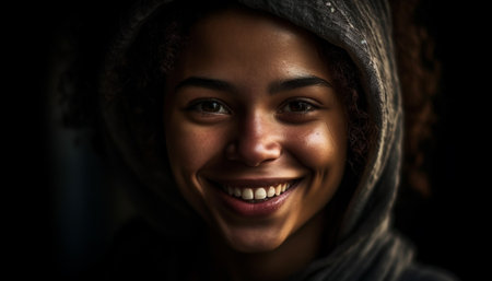 Beautiful women with toothy smiles exude confidence and happiness indoors generated by artificial intelligenceの素材