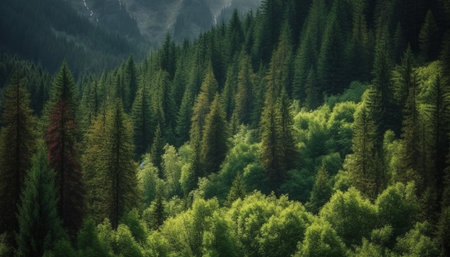 Tranquil scene of majestic mountain range in evergreen wilderness area generated by artificial intelligenceの素材