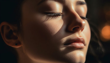 Serene young woman exudes elegance and sensuality in headshot portrait generated by artificial intelligenceの素材