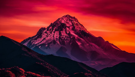 Majestic mountain range, panoramic sunset, tranquil scene, high up adventure generated by artificial intelligenceの素材